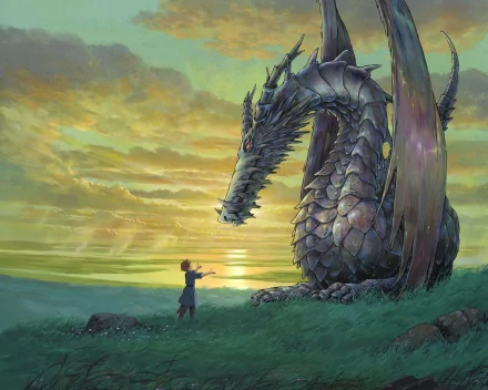HD desktop wallpaper of a scene from Tales From Earthsea featuring an anime-style dragon and a person in front of a mesmerizing sunset.