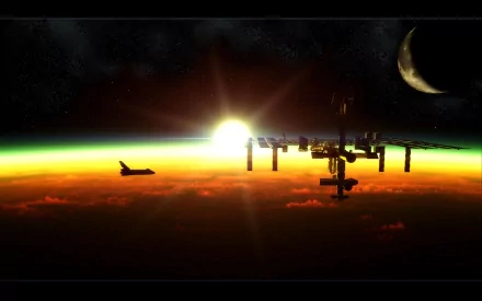 A stunning HD wallpaper depicting a NASA shuttle approaching a space station, with the sun rising over Earth's horizon and a crescent moon in the background.