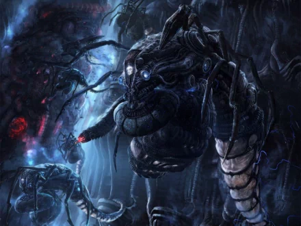 Dark sci-fi creature with intricate biomechanical features in a mysterious, eerie environment; HD PC desktop wallpaper and background.