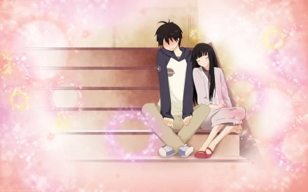 HD desktop wallpaper of Shota Kazehaya and Sawako Kuronuma from the anime Kimi Ni Todoke, sitting together on a bench with a pink, sparkly background.