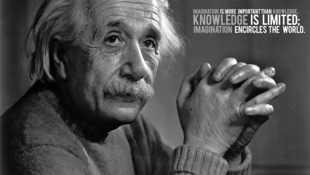 A black-and-white HD wallpaper featuring Albert Einstein, showcasing a quote about the importance of imagination over knowledge. His thoughtful expression complements the inspiring message.