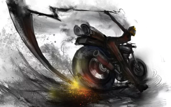 HD desktop wallpaper featuring Celty Sturluson from the anime Durarara!!, riding a motorcycle with a scythe in hand, set against a dynamic and dramatic background.