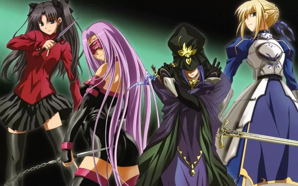 HD desktop wallpaper featuring Rider, Saber, Caster, and Rin Tohsaka from the Fate/stay night anime series in dynamic poses.