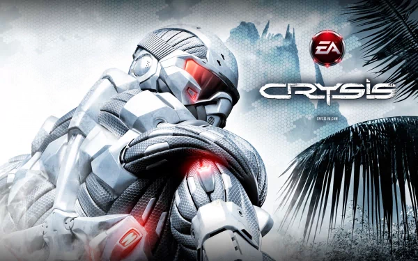 HD PC desktop wallpaper featuring a futuristic armored soldier from the video game Crysis, set against a misty tropical backdrop with the EA logo.