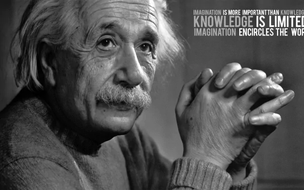 A black-and-white HD wallpaper featuring Albert Einstein, showcasing a quote about the importance of imagination over knowledge. His thoughtful expression complements the inspiring message.