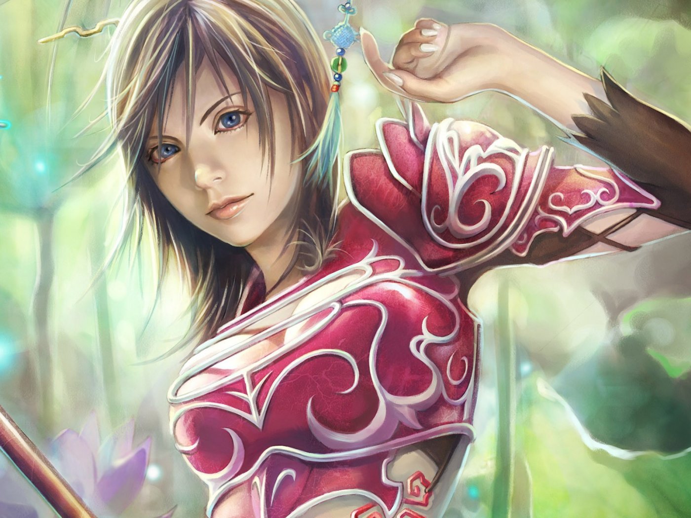 A fantasy-themed HD wallpaper featuring a woman in intricate red armor, with a lush, mystical forest background that highlights her determined expression and vibrant details.