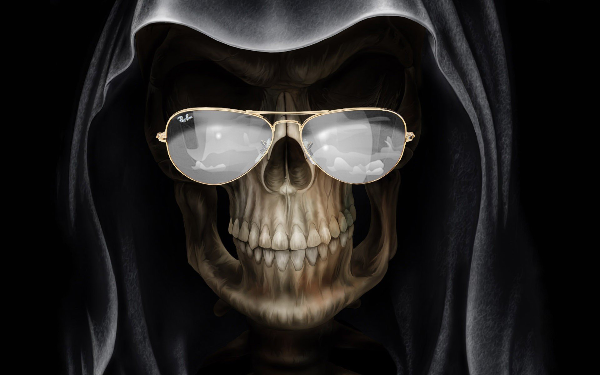 A dark HD desktop wallpaper featuring a grim reaper with sunglasses, showcasing a chilling yet stylish skeletal visage against a shadowy background.