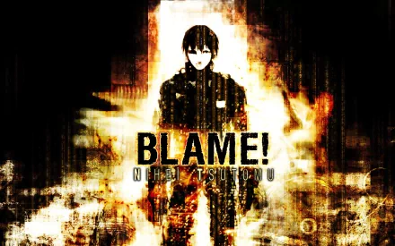 HD PC desktop wallpaper featuring a dark, futuristic anime character from Blame! with fiery and glitch-like digital effects surrounding them.