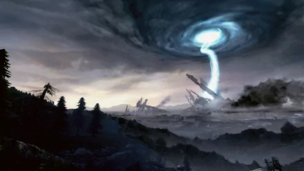 HD PC desktop wallpaper featuring a dramatic Half-Life video game scene with a stormy sky and a bright energy beam striking the ground over a dark, desolate landscape.