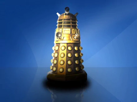 HD PC desktop wallpaper of a Doctor Who (2005) gold Dalek centered on a blue gradient background.