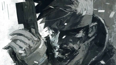 A striking HD wallpaper featuring a character from the Metal Gear video game series, highlighting a dramatic, monochromatic portrait that captures intensity and action.