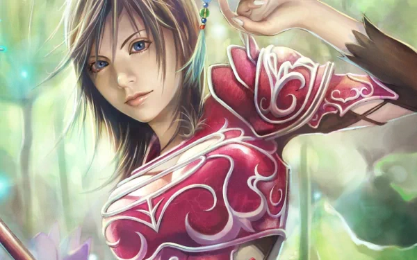 A fantasy-themed HD wallpaper featuring a woman in intricate red armor, with a lush, mystical forest background that highlights her determined expression and vibrant details.