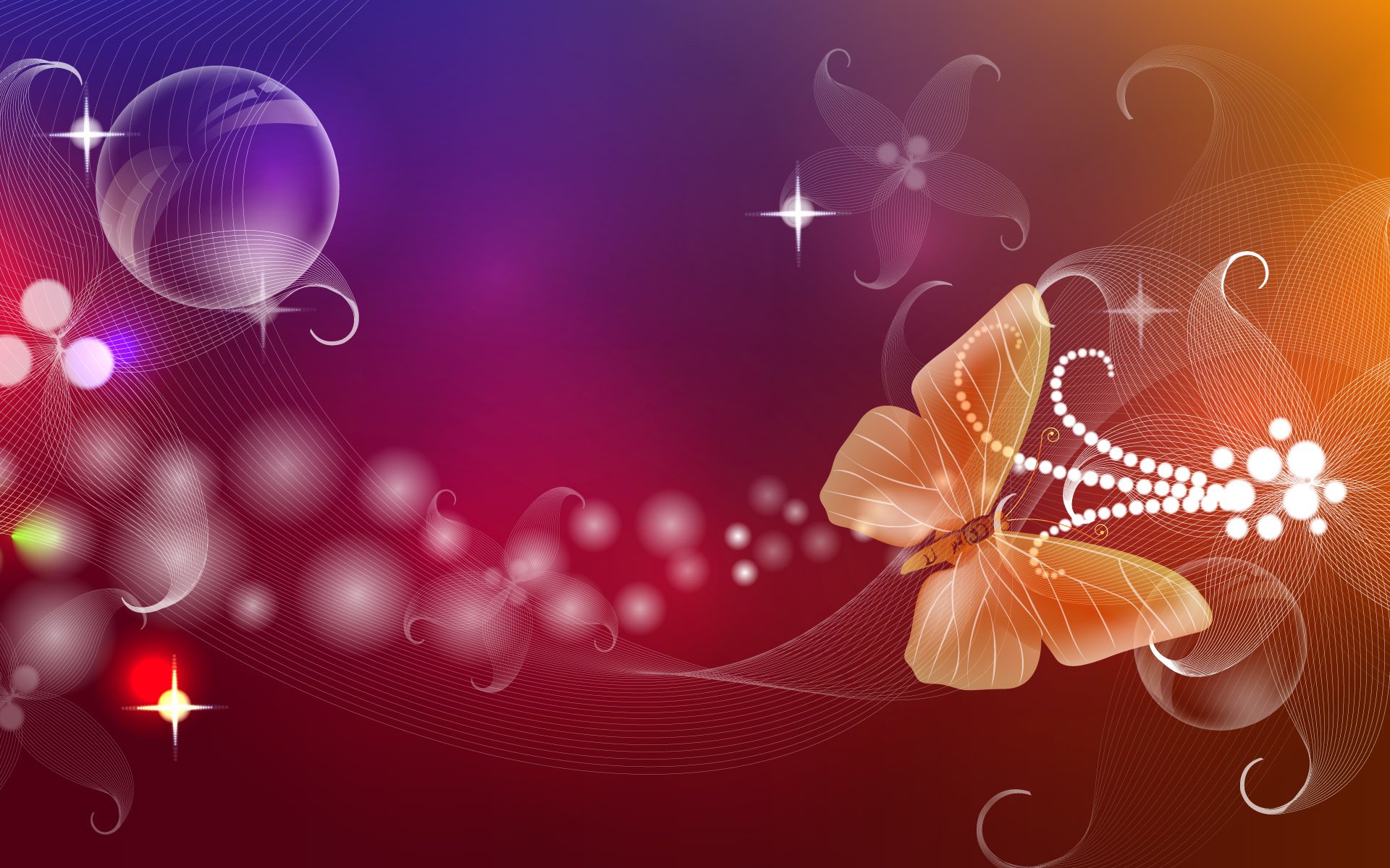 Artistic butterfly HD PC desktop wallpaper and background: translucent orange butterfly with pearl-like sparkles, glowing bokeh and flowing swirls on a purple-to-orange gradient.