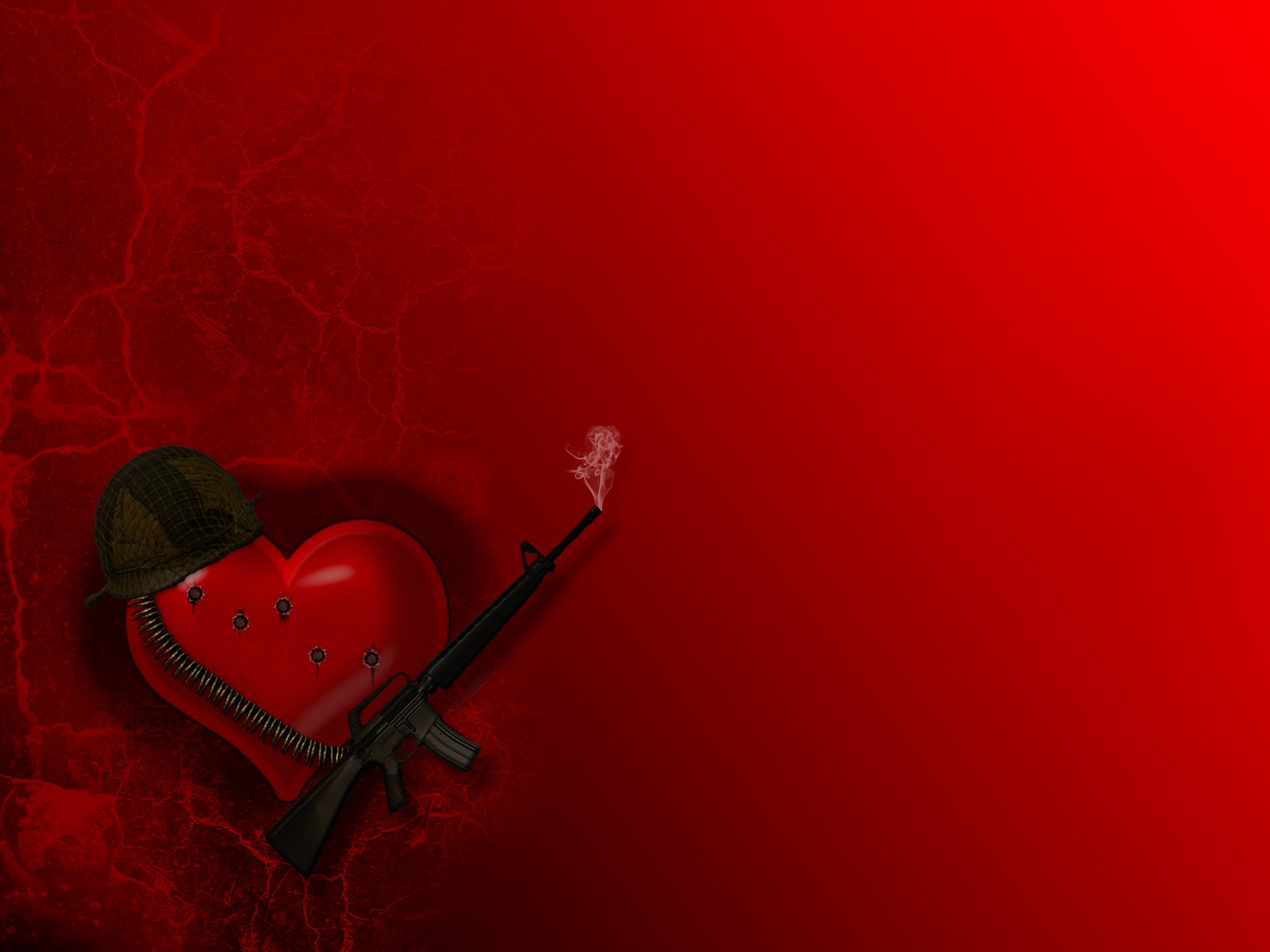 HD desktop wallpaper with a red background featuring a heart wearing a military helmet and clasping a rifle, embodying an artistic blend of military elements and love.