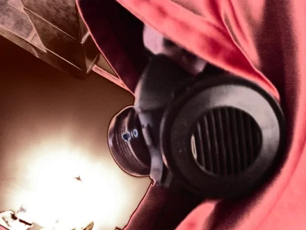 HD PC desktop wallpaper showing a close-up of a person in military gear wearing a gas mask, illuminated by a soft light in a dark setting.