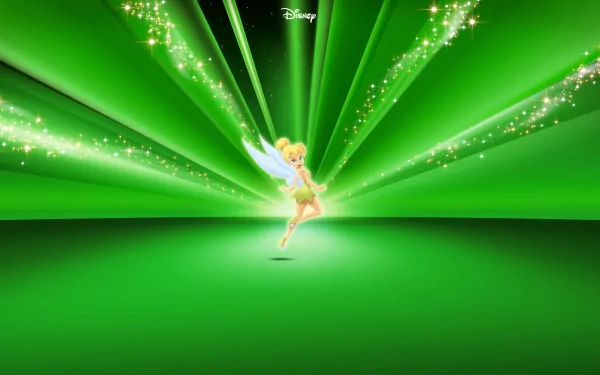 HD desktop wallpaper featuring Tinker Bell from the movie, set against a vibrant green background with sparkling light trails.
