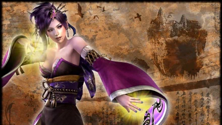 A striking HD wallpaper featuring a female character from Samurai Warriors 3, showcasing vibrant colors and an ancient backdrop with artistic elements.
