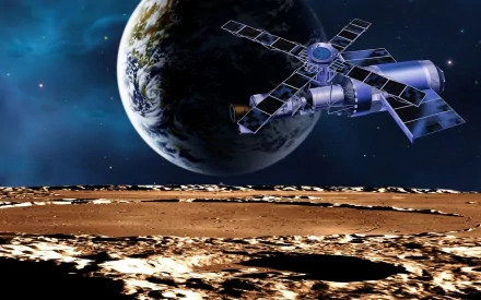 Man-made NASA satellite orbiting above a cratered lunar surface with Earth rising in the background — HD PC desktop wallpaper and background.