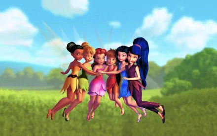 Tinker Bell and her fairy friends celebrate together in this vibrant Disney image, showcasing their enchanting world against a lush green backdrop.