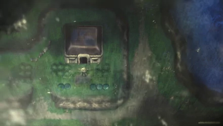 A captivating HD desktop wallpaper featuring Link from The Legend of Zelda: A Link to the Past, showcasing an overhead view of a mysterious house surrounded by lush greenery.