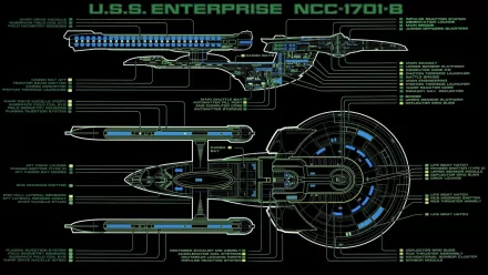 Schematic design of the U.S.S. Enterprise NCC-1701-B from Star Trek, featuring detailed technical annotations, set against a dark backdrop for a futuristic, sci-fi aesthetic.