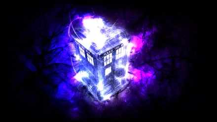 A vibrant, colorful HD wallpaper of the Tardis from the TV show Doctor Who (2005), surrounded by glowing purple and blue light effects against a dark background.