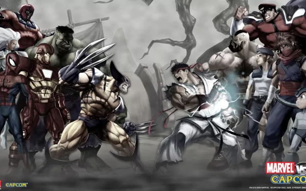 HD PC desktop wallpaper featuring Marvel vs. Capcom video game characters including Storm, Magneto, Spider-Man, Wolverine, Iron Man, and Hulk in dynamic battle poses.