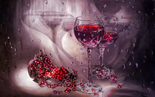 A dark, gothic HD wallpaper featuring pomegranates and two glasses filled with vibrant red liquid, set against a moody, atmospheric backdrop.
