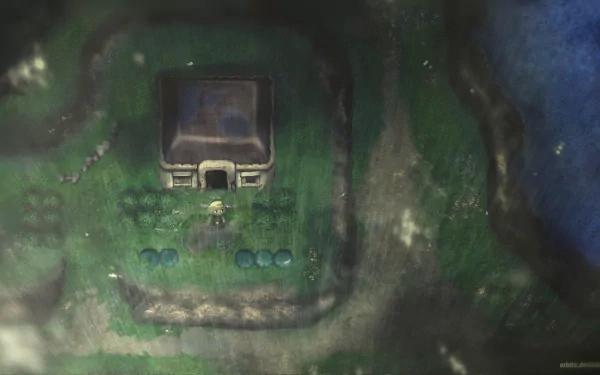 A captivating HD desktop wallpaper featuring Link from The Legend of Zelda: A Link to the Past, showcasing an overhead view of a mysterious house surrounded by lush greenery.