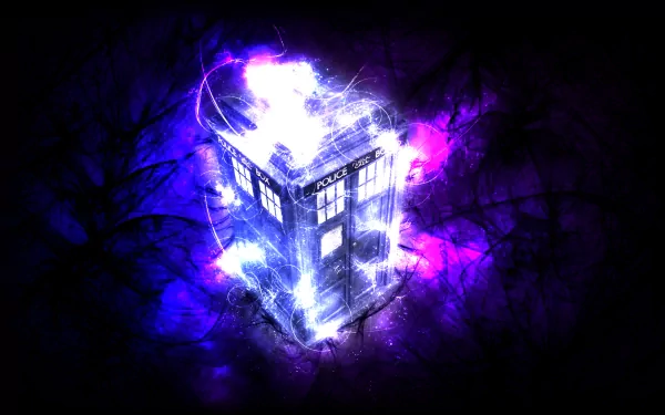 A vibrant, colorful HD wallpaper of the Tardis from the TV show Doctor Who (2005), surrounded by glowing purple and blue light effects against a dark background.
