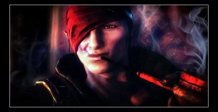 HD PC desktop wallpaper from video game The Witcher 2: Assassins Of Kings showing a smirking, bandana-clad assassin smoking a pipe amid smoky, moody lighting.