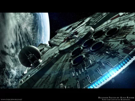 HD wallpaper depicting the Millennium Falcon from Star Wars, a popular Sci Fi spaceship, with Earth visible in the background.