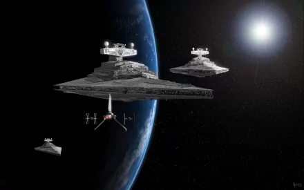 A striking HD wallpaper featuring iconic Star Destroyers from Star Wars against a backdrop of a planet and distant stars, capturing the essence of intergalactic space battles.