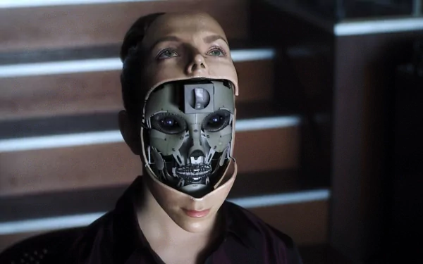 HD PC desktop wallpaper from the movie A.I. Artificial Intelligence: a humanoid with its faceplate open to reveal a mechanical skull and glowing eyes.