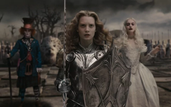 HD desktop wallpaper featuring Anne Hathaway, Johnny Depp, and Mia Wasikowska in a dark, fantasy scene from the 2010 movie Alice in Wonderland.