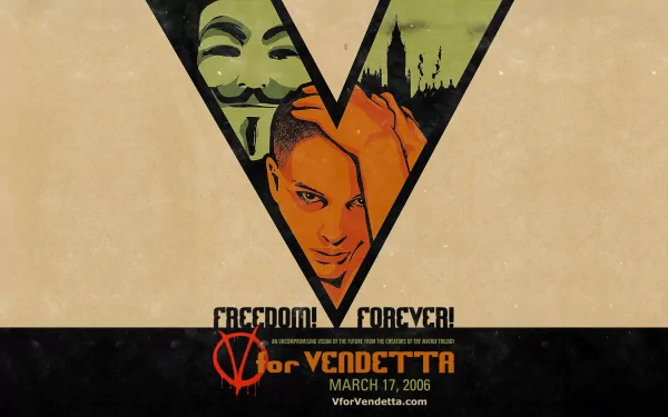 A dynamic HD desktop wallpaper featuring iconic imagery from the movie V for Vendetta, displaying the theme of freedom with the bold title and date of the film's release.