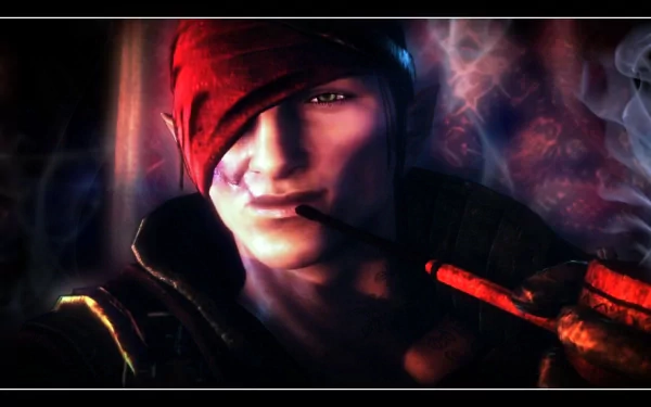 HD PC desktop wallpaper from video game The Witcher 2: Assassins Of Kings showing a smirking, bandana-clad assassin smoking a pipe amid smoky, moody lighting.