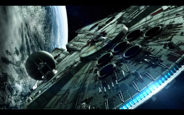 HD wallpaper depicting the Millennium Falcon from Star Wars, a popular Sci Fi spaceship, with Earth visible in the background.