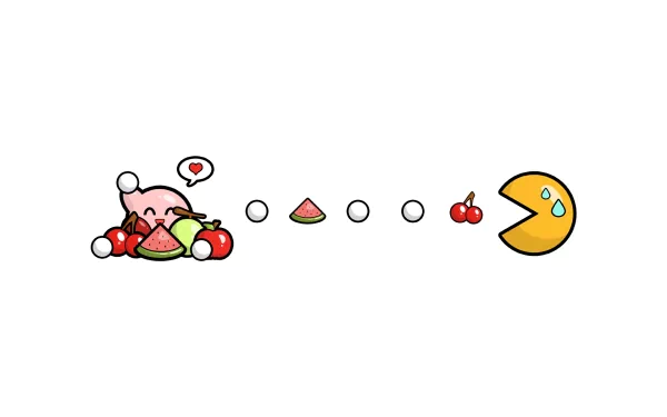 A vibrant HD wallpaper featuring a crossover of Pac-Man and Kirby, showcasing Kirby joyfully eating fruits while Pac-Man, tears in his eyes, approaches with an empty plate.