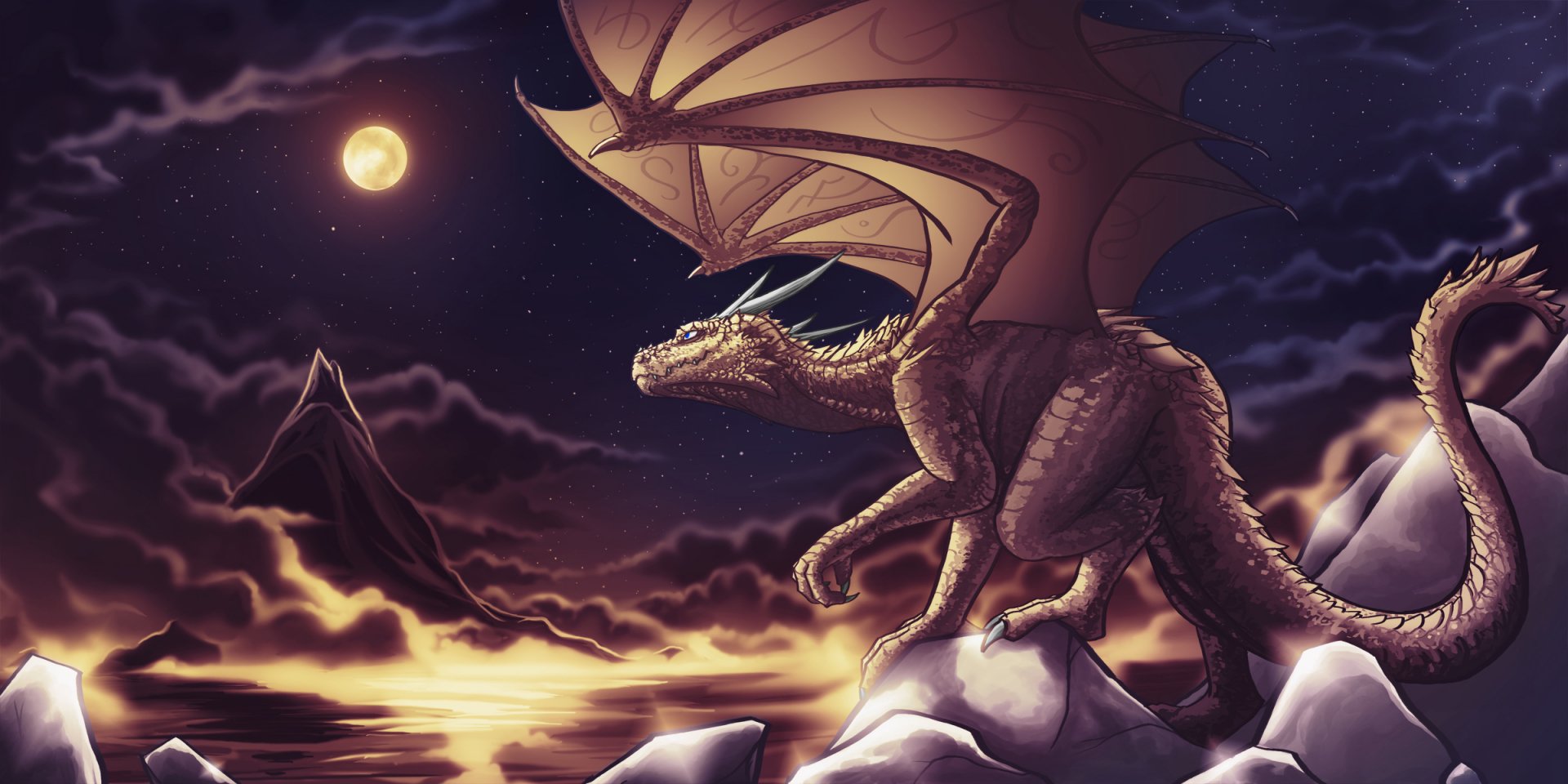 Fantasy dragon with detailed scales perched on rocks under a glowing full moon and cloudy night sky, rendered in HD for PC desktop wallpaper.