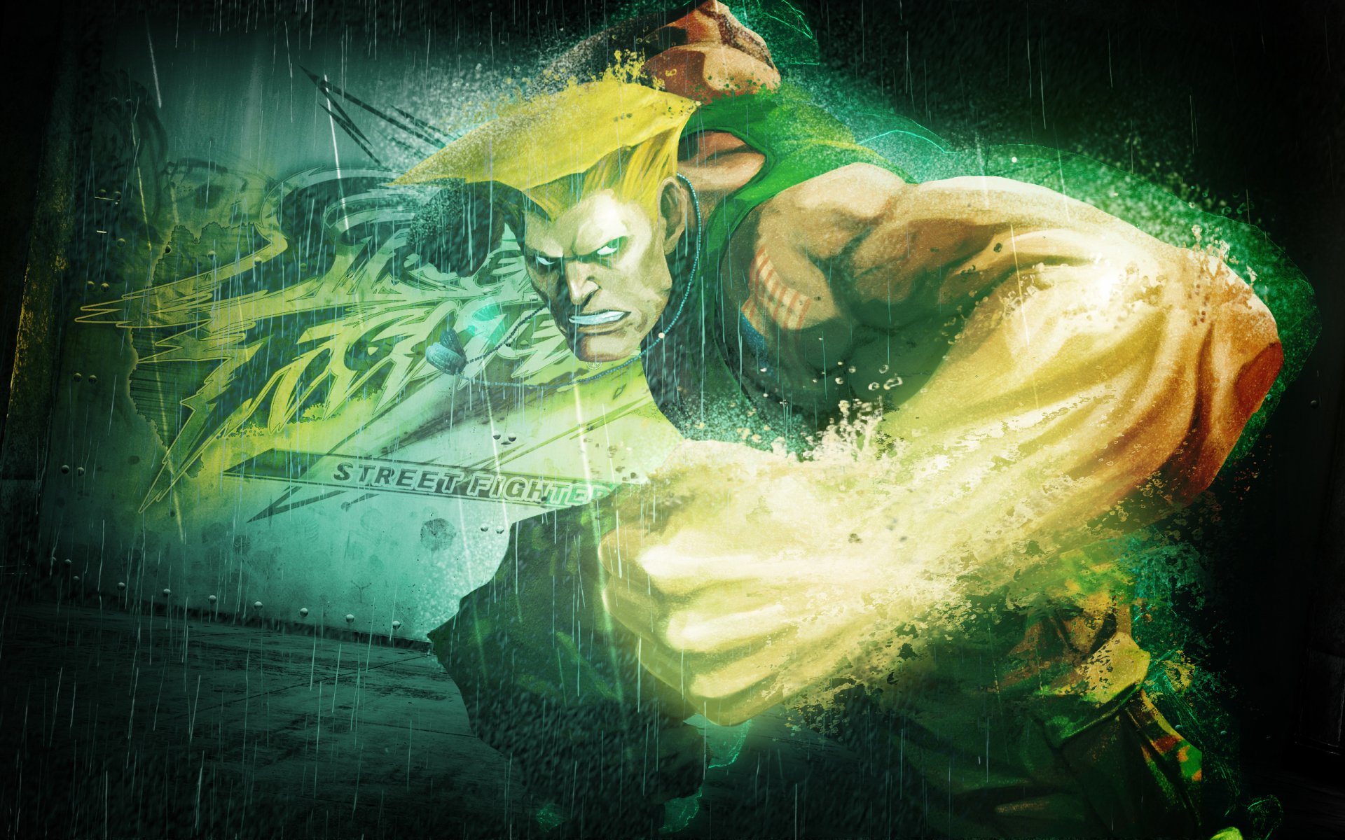 2K Quad HD PC desktop wallpaper for the video game Street Fighter X Tekken: Guile unleashing a glowing green sonic punch amid rain, motion blur, and gritty neon-lit effects.