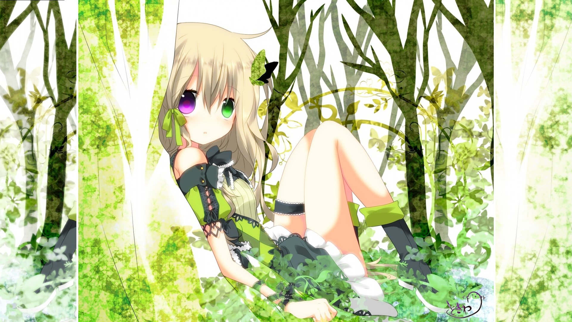 Download Green Eyes Purple Eyes Blonde Butterfly Dress Green Forest Anime Original Green Anime Anime Forest HD Wallpaper