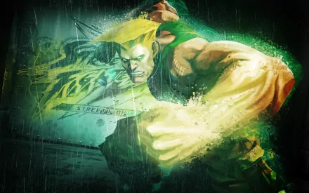 2K Quad HD PC desktop wallpaper for the video game Street Fighter X Tekken: Guile unleashing a glowing green sonic punch amid rain, motion blur, and gritty neon-lit effects.