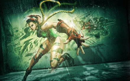 HD PC desktop wallpaper featuring Cammy from the Street Fighter X Tekken video game, depicted in a dynamic action pose with a shattered glass effect and green-toned background.