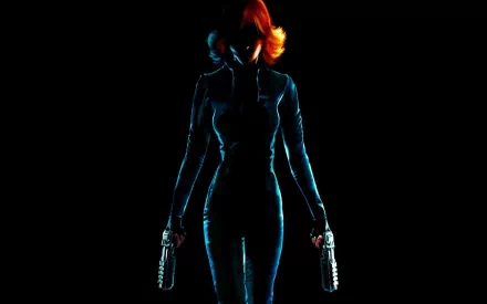 HD PC desktop wallpaper of Joanna Dark from Perfect Dark Zero: silhouetted agent with dual pistols, blue neon rim lighting against a black background.