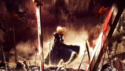 HD desktop wallpaper featuring Saber from Fate/Stay Night standing amidst a battlefield with a dramatic sky background.