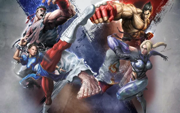 HD PC desktop wallpaper featuring dynamic characters from the video game Street Fighter X Tekken in action-packed fighting poses.