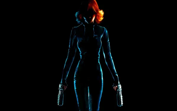 HD PC desktop wallpaper of Joanna Dark from Perfect Dark Zero: silhouetted agent with dual pistols, blue neon rim lighting against a black background.