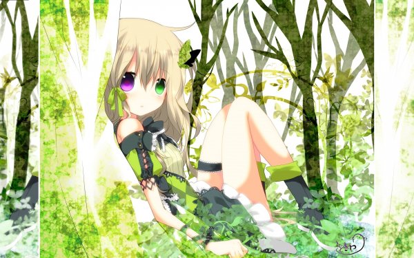 Anime Original Forest Green Dress Butterfly Blonde Purple Eyes Green Eyes HD Wallpaper | Background Image