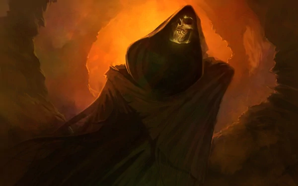 Dark, ominous HD PC desktop wallpaper featuring a grim reaper cloaked in shadows and fiery orange light, creating a haunting and eerie atmosphere.